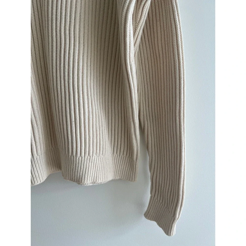 LL Bean Mens L Tall Cream Chunky Ribbed Cotton Crewneck Sweater Preppy Cabincore